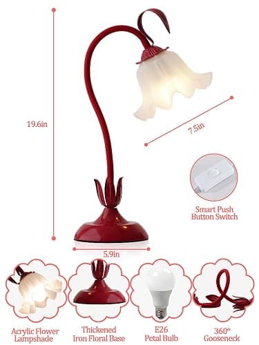 AQDZCNF Flower Table Lamp,LED Reading Light Bedside Vintage Flower Night Light,3 Colors Modes Kawaii Bedside Lamps Decor,Living Room Bedroom Room Lighting Table Lamps Home Decoration (Red) thumbnail 6