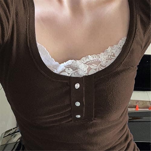 Women Lace Patchwork Crop Top Y2k Fairycore Aesthetic Tank Top Vintage Long Sleeve Fairy Grunge Shirt Streetwear thumbnail 5