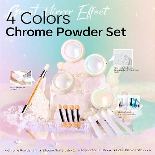 modelones Chrome Nail Powder Pearl Chrome Powder for Nail Magic White Glazed Chrome Nail Powder Mirror Effect Holographic Aurora Iridescent Pearlescent Manicure for 3D Sculpting Nail Art 4 Colors thumbnail 7
