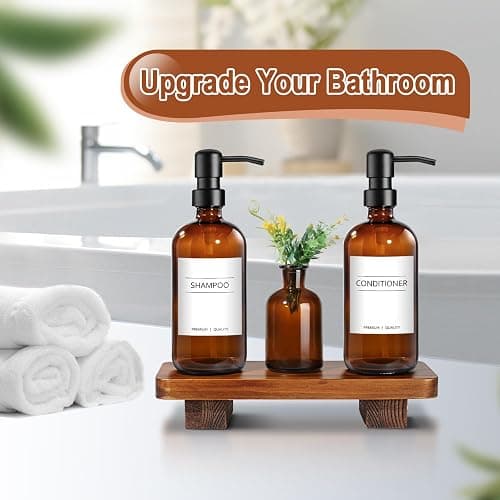 Kitchen Soap Dispenser Set with Wood Riser Tray, Amber Glass Soap Dispenser with Stainless Steel Pump, Hand and Dish Soap Dispenser Set for Kitchen, Soap and Lotion Dispenser Bathroom Decor(Amber) thumbnail 6