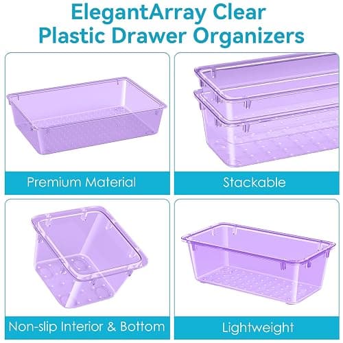 ElegantArray 12-Piece Drawer Organizer Set, 4 Sizes Versatile Plastic Vanity Organizer for Makeup, Stationery, Gadgets, in Kitchen, Bathroom, Office, and Bedroom, Purple thumbnail 4