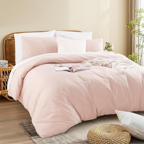 NEXHOME PRO Duvet Cover Set 100% Washed Cotton Full Size Linen Feel Textured Organic Natural 3 Pieces Bedding Set Greyish Light Pink with Zipper Closure and Corner Ties, Breathable(No Comforter) thumbnail 4