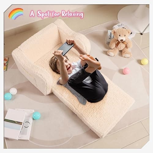 MOMCAYWEX Kids Chairs for Toddler, 2-in-1 Toddler Soft Sherpa Couch Fold Out, Convertible Sofa to Lounger for Girls and Boys, Cream thumbnail 4