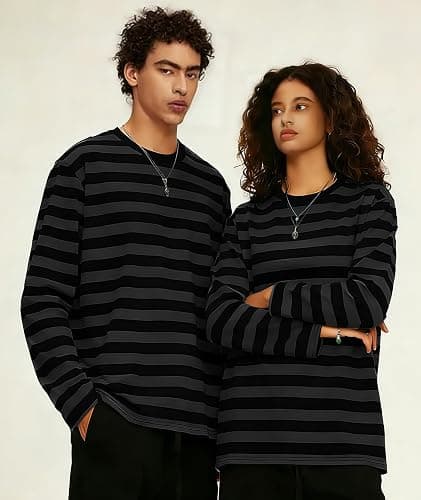 KESIHAN Mens Striped Long Sleeve Shirt Crewneck Casual Basic Stripe Tee | Crewneck long sleeve striped tee with cotton spandex fabric,casual regular fit basic style for daily wear and layering. thumbnail 4