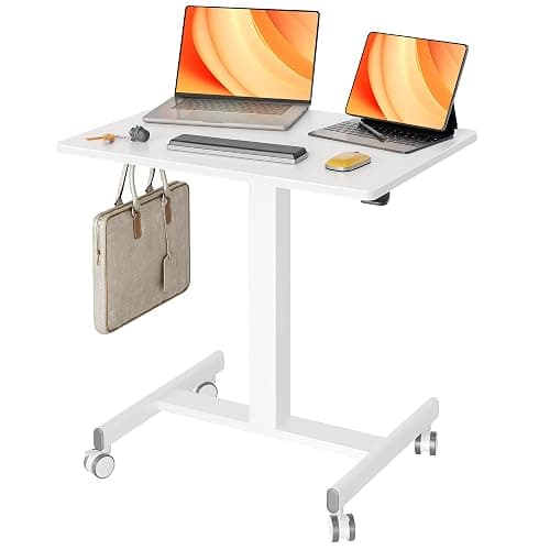Claiks Mobile Standing Desk, Small Rolling Workstation with Wheels, Pneumatic Laptop Desk for Home Office with Hook, White - Image 1