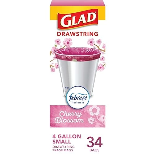 Glad Odorshield Small Drawstring Trash Bags, 4 Gal, Pink, Cherry Blossom, 34 Ct, Pack May Vary - Cherry Blossom - 34 Count (Pack of 1)