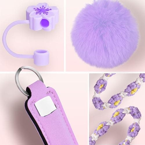 Mity rain Cup Accessories for Stanley Cup 30oz 40oz Tumbler with Handle, Including Water Bottle Handle Strap, Chapstick Holder, Boot, Keychain Charms, Straw Topper Cover Cap for Stanley (Purple) thumbnail 4