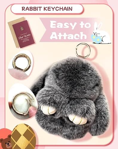 Bunny Keychain Keychain with Tin, Handmade Soft Bunny PomPom Charms for Christmas Birthday Gift thumbnail 5