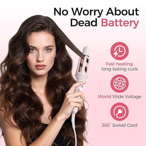 Wollea Automatic Curling Iron, Beach Wave Curling Wand, Portable Rotating Curler, Dual Voltage, Lightweight and Portable, Ceramic Coated, Straightening Brush, 1inch and 1.25 inch 3-in-1, Pink thumbnail 7