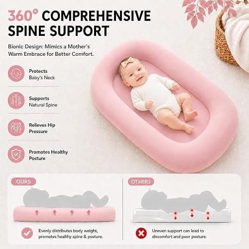 Mapotf Baby Lounger for Newborns 0-24 Months - Baby Essentials | Soft Breathable Cotton Infant Support Cushion for Tummy Time & Play, Portable Infant Lounger - Dusty Rose (Cover Included) thumbnail 4