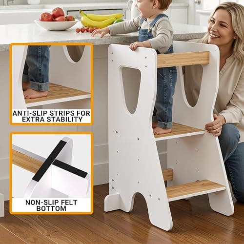 COSYLAND Toddler Standing Tower - Adjustable Height Toddler Kitchen Stool Helper - Kids Kitchen Step Stool for Learning with Handle White & Natural thumbnail 5