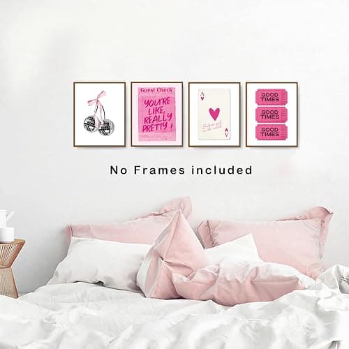 okaxscm Hot Pink Trendy Preppy Wall Art Prints Set of 4, Coquette Preppy Room Decor Aesthetic, Pink Room Wall Decor, Pink Cherry Disco Ball Wall Decor Posters for Girls Bedroom Dorm, 8x10 Unframed - 8x10 - pink thumbnail 4