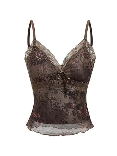 Milumia Women's Boho Lace Cami Crop Tops Y2k Spaghetti Strap Going Out Tank Top Fairycore Clothing - Image 1