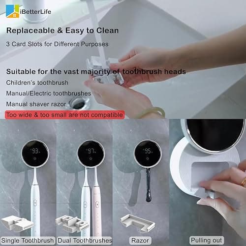 Toothbrush Holders Cleaner & Dryer for Bathroom - Mirror Wall Mounted [Rechargeable, Auto Sensor Open/Close Lid, LED Smart Screen] Adhesive Electric Tooth Brush Razor Holder with Cover for Home Travel thumbnail 4