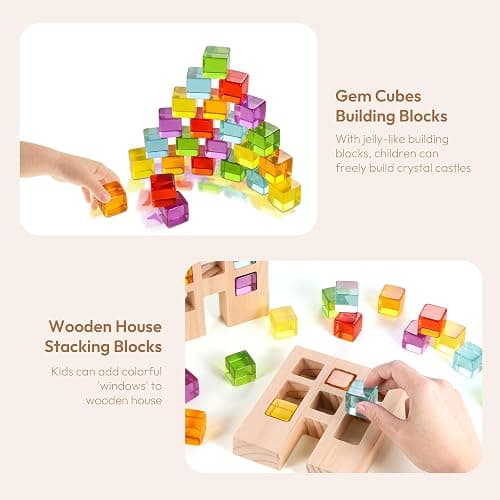 Woodtoe 24 PCS Rainbow Blocks Set, Wooden Building Blocks for Kids Ages 3-6 | Montessori Stacking Toy, Educational STEM Sensory Activity, Creative Building Game, 2 Wood House, Birthday Toy for Boys Girls thumbnail 6