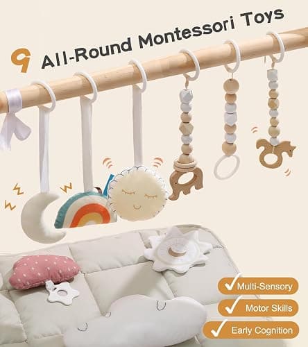 Baby Play Gym with Mat, Wooden Play Gym with 9 Sensory Toys, Baby Activity Center‌ for ‌Infant Motor Development‌, Natural Pine Wood, ‌Easy to Assemble & Clean‌, Montessori Toys, Natural Color thumbnail 4