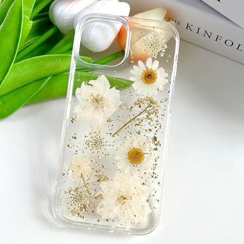 LSEEKA for iPhone 13 / iPhone 14/ iPhone 15 Clear Case with Pressed Real Flowers Design,Glitter Cute White Floral Pattern Soft TPU Protective Women Girl's Phone Cover for iPhone 13/14/15 - Image 1
