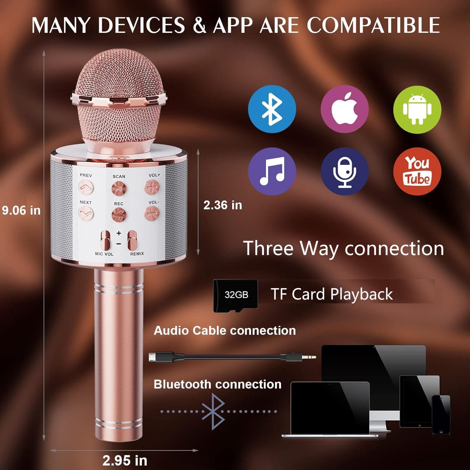 Wireless Bluetooth Karaoke Microphone for Kids, 5-in-1 Portable Handheld Karaoke Mic Speaker Player Recorder with Adjustable Remix FM Radio for Kids Girls Boys (with 32G TF Card,Rose Gold) thumbnail 6