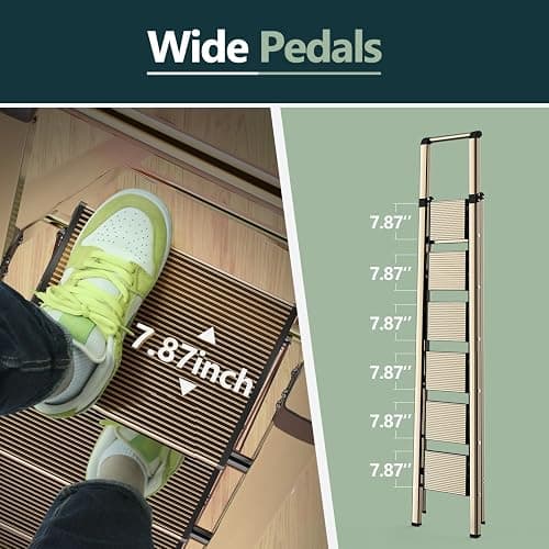 WOA WOA 6 Step Ladder, Lightweight Folding Ladder with Non-Slip Wide Pedals, Ladder with Safe Grip Handle, Easy to Open and Close, Suitable for Home and Outdoor - Brown Gold - 6 step - Brown Gold thumbnail 7