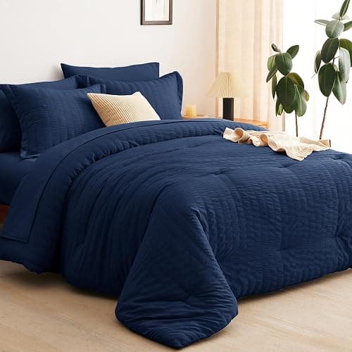 CozyLux King Size Comforter Set Navy Blue Seersucker 7 Pieces Bed in a Bag King Comforter Set with Sheets, Luxury Bedding Set with Down Alternative Comforter, Sheets, Pillowcases & Shams All Seasons thumbnail 9