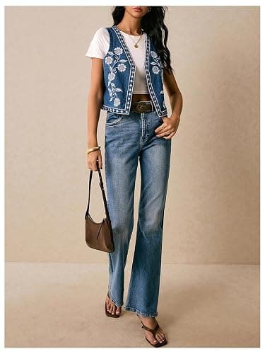 GORGLITTER Women's Embroidered Vest Boho Jean Top Western Rodeo Outfit Sleeveless Cropped Floral Denim Jacket thumbnail 5