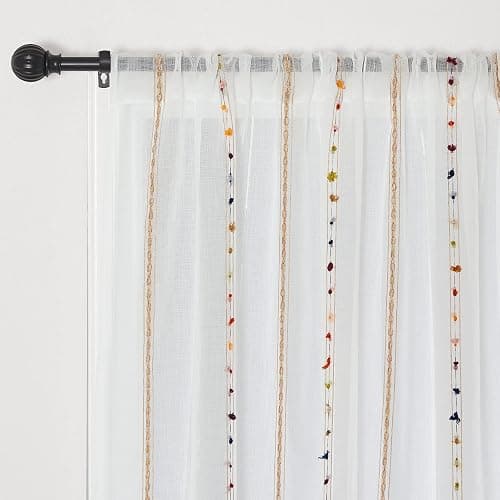pureaqu Faux Linen Stripe Pattern Sheer Curtains for Bedroom/Kids Embroidered Colorful Rainbow Semi Sheer Voile Window Curtain for Living Room Rod Pocket Tulle W39 x L84 Inch 1 Panel thumbnail 8