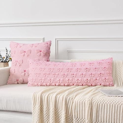 Merrycolor Light Pink Bow Body Pillow Covers 20x54 Inch Embroidered Love Heart Pattern Cute Girl Coquette Room Decor Pillowcase Long Body Pillowcase with Zipper for Preppy Room Decor Bedroom Couch thumbnail 4