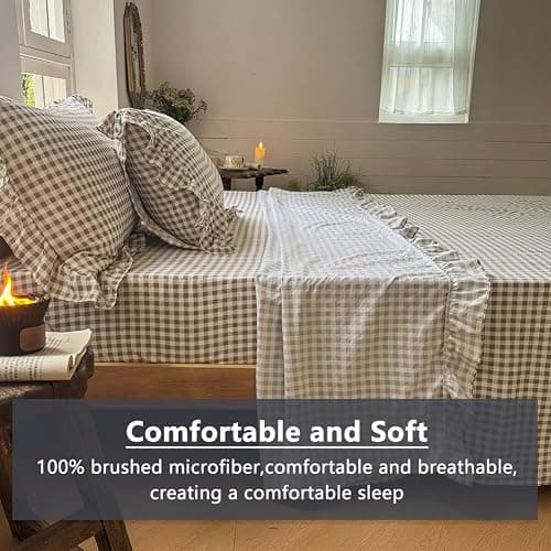 NSNLGSGC Tan Gingham Ruffle Twin Sheet Set, Taupe Soft Pre-Washed Microfiber Plaid Twin Bed Sheets, 3-Pieces Farmhouse Sheet Set with Deep Pocket thumbnail 4
