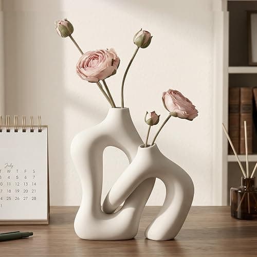 Dowan White Vases for Decor,Hollow Ceramic Vase Set of 2,8.3" Nordic Modern Boho ins Style Decorative Ceramic Aesthetic Flower Vase for Home Decor Modern Minimalist Table, Entryway Centerpieces thumbnail 6
