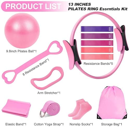 Janhemei Pilates Kit for Women, Pilates Equipment with 13'' Magic Circle, Pilates Ring and Ball Set with 5 Strength Bands, Hip Thrust Belt, Compact Workout Set at Home thumbnail 7