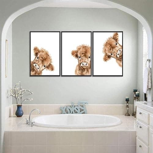 3Pcs Highland Cow Baby Canvas Wall Art Brown Peeping Highland Cattle Wall Decor Pictures Cute and Funny Animals Posters Prints for Nursery Children's Room Bathroom Artwork Home Decoration Unframed thumbnail 4