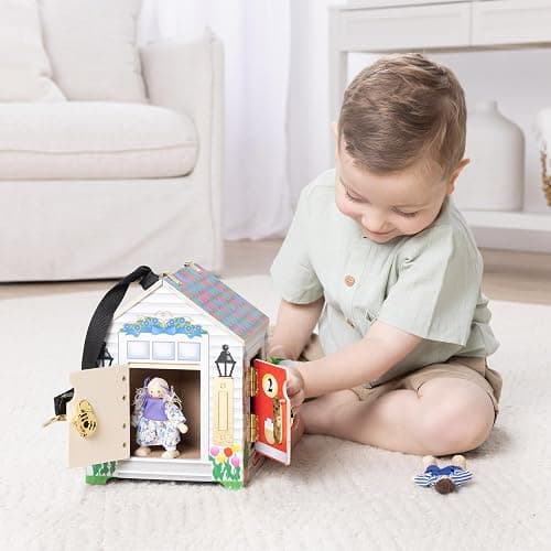 Melissa & Doug Take-Along Wooden Doorbell Dollhouse - Doorbell Sounds, Keys, 4 Poseable Wooden Dolls Portable Doll House, Doorbell House for Kids Ages 3+ thumbnail 8