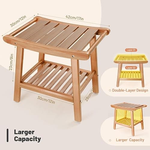 Bamboo Shower Stool Bench,Shower Chair for Inside Shower with Storage Shelf | Natural Bamboo,Large Storage,Ergonomic Curved Design,A-Shaped Stable Construction,Non-Slip Rubber Feet,Hold 300lbs thumbnail 2