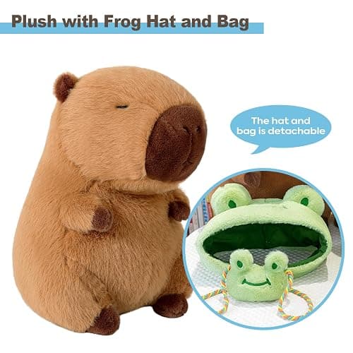 Ditucu Capybara Plush with Frog Hat & Mini Bag 9.8 inch Cute Capibara Stuffed Animal Soft Plushies Toys Gifts for Kids Adults Brown thumbnail 3