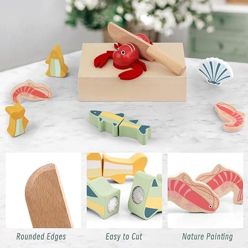 PairPear Wooden Toy Play Food Cutting Seafood Set for Kids Kitchen | Toddlers Wooden Toy Food Pretend Play Kitchen Accessories, Cutting Food Cooking Toys Gift for Boys Girls 3 4 5 + thumbnail 6