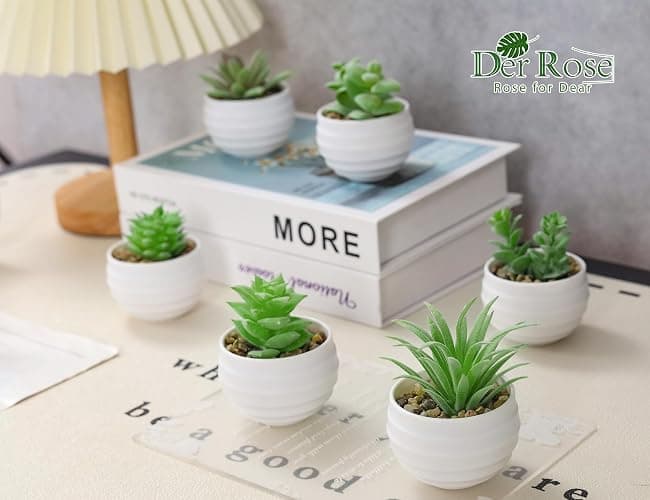 Der Rose Set of 6 Succulents Plants Artificial in Pots Small Fake Plants for Bedroom Aesthetic Living Room Office Shelf Bathroom Decor - White Pots-6 Green thumbnail 6