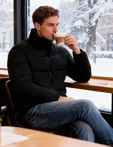 PEHMEA Men’s Puffer Jacket Stand Collar Zipper Coat with Pockets Retro Bubble Outwear for Winter thumbnail 2