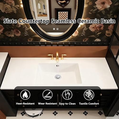High QLO 40IN Bathroom Vanity - Vintage Luxurious Bathroom Vanity with Sink(Elliptical Mirror)(Golden Accessories) Sink Cabinet with One Click Defogging Mirror & Ample Drawer Storage thumbnail 3