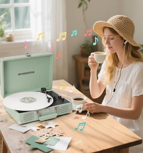 MANGOSTAN Record Player 3 Speed Bluetooth Portable Suitcase, Vinyl Phonograph with Built-in Bass & Speakers, Belt-Driven LP Player Support AUX-in RCA Line Out Headphone Jack, Green thumbnail 2
