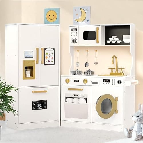 Kinder King Wooden Kids Play Kitchen Set, Cookware Accessories, White | Transparent Coloring Board, Pretend Fridge, Toy Kitchen Playset w/Washing Machine, Realistic Kitchen Sets Gift for Ages 3+ - Image 1