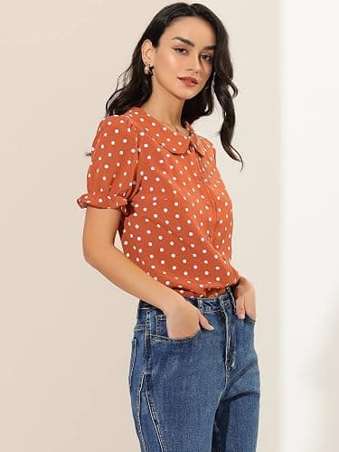 Allegra K Women's Polka Dots Shirt Short Puff Sleeve Vintage Button Up Peter Pan Collar Blouse Tops thumbnail 2