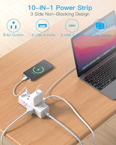 Power Strip Surge Protector - One Beat 6 Widely Outlets with 4 USB Ports (2 USB C), 5 Ft Extension Cord Flat Plug, Wall Mount Outlet Extender Small Power Strip for Travel Home Office College Dorm Room thumbnail 2