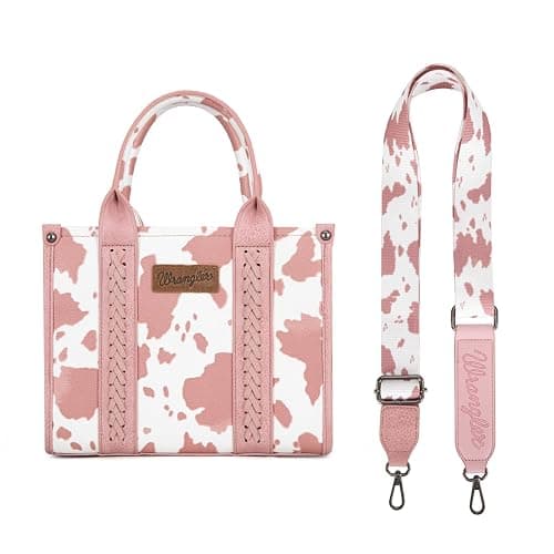 Wrangler Cow Print Tote Bag for Women Western Purse Boho Top Handle Satchel Handbag with Signature Strap - Allover Cow Print Light Pink thumbnail 7