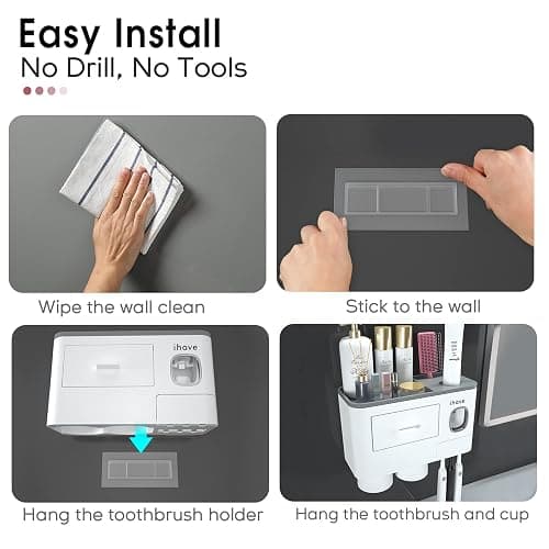 iHave Toothbrush Holders for Bathrooms, 2 Cups Toothbrush Holder Wall Mounted with Toothpaste Dispenser - Large Capacity Tray, Cosmetic Drawer - Bathroom Decor & Bathroom Accessories - 2 cup - White thumbnail 3