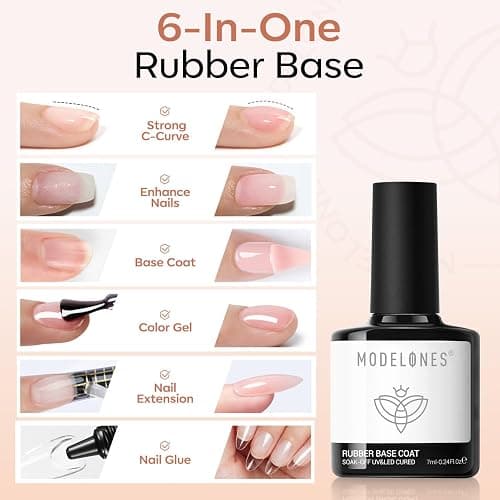 modelones Rubber Base Builder Nail Gel Polish, 6 French Tip Base Color Nude White Baby Milky Pink Strengthener Apex Building Extension Protect Weak Nails Long Last U V Manicure Gift for Women thumbnail 5