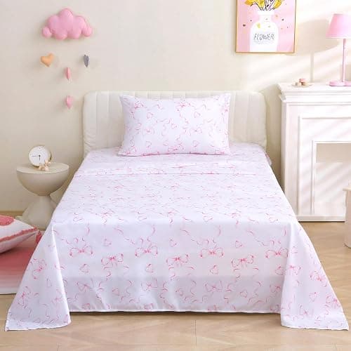 FEKOHIPY Kids Sheet Set Bowknot Pink Twin Size Bedsheet for Girls, 3PCS Bow Printed Microfiber Soft Breathable Children Bedding Easy-Fit 14 Inch Deep Pocket thumbnail 2