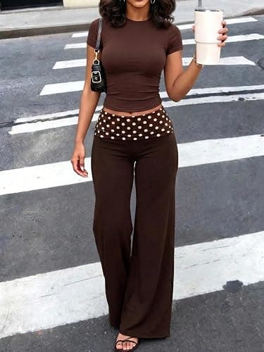 TELUPDI Womens Polka Dot Fold Over Yoga Pants Low Rise Wide Leg Flare Leggings Bell Bottom Lounge Y2K Foldover Pants thumbnail 4