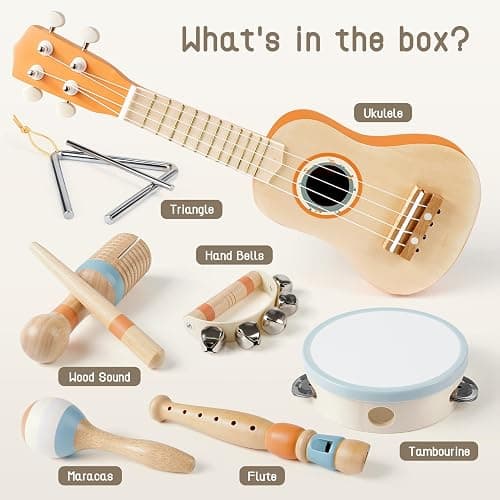 Vanplay Kids Guitar Set, 7-Piece Wooden Musical Instruments for Toddler 2-3 | Musical Band Set with wooden Ukulele/Flute/Maracas/Tambourine, Christmas/Birthday Gift for Boys & Girls Age 2 3 4 5 thumbnail 3