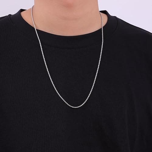 Fiusem 3mm Rope Chain Necklace for Men, Silver Tone Mens Chain Necklace, Stainless Steel Necklace Chain for Men Women, Jewelry Gift thumbnail 3