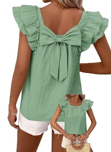 Falechay Womens Bow Tie Back Tops Round Neck Ruffle Short Sleeve Shirts Cute Babydoll Chiffon Tee Women Summer Trendy Tunic - Image 1